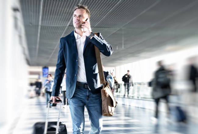 signore aeroporto che telefona con borsa e trolley presso persone intorno